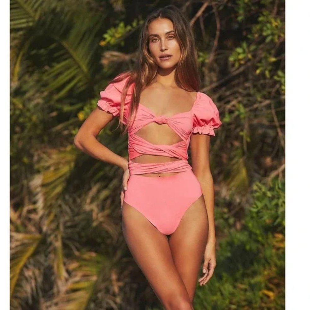 AGUA BENDITA Oria Puff Sleeve Cut Out Pink One-Piece XL